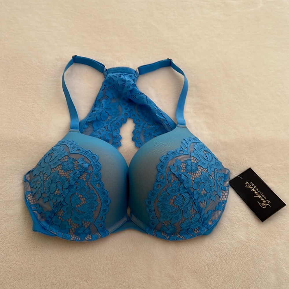 Frederick’s of Hollywood Blue Nude Lace Racer Bra 32DD New